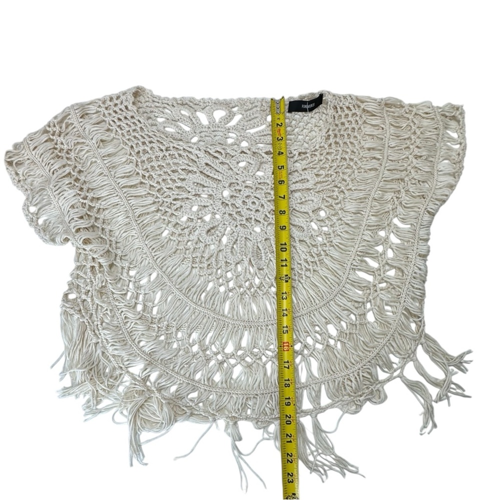 Forever21 Crochet Top Beach Cover Up Cream Fringe Poncho Crochet Shirt Summer - Picture 7 of 13